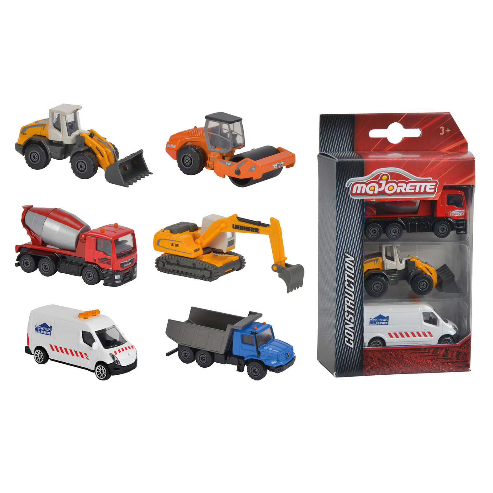 Die-cast construction vehicles with moving parts