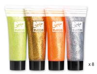 Djeco 8 Glitter Gel Tubes - light green, gold, orange, silver. (dark green, purple, aqua , pink also included in set)