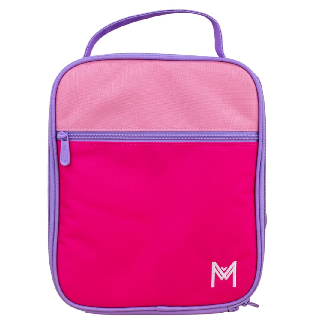 MontiiCo Insulated Large Lunch Bag and Ice Pack Colour Block Pink| Kids Lunch Bag