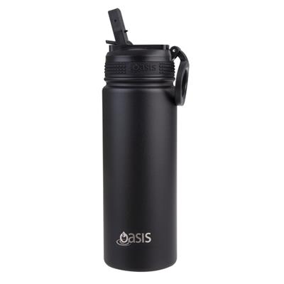 Oasis Stainless Steel Double Wall Insulated Challenger Sports Bottle with Sipper Straw (550ml) Black