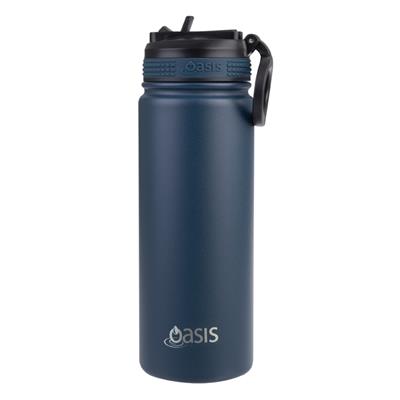 Oasis Stainless Steel Double Wall Insulated Challenger Sports Bottle with Sipper Straw (550ml) Navy