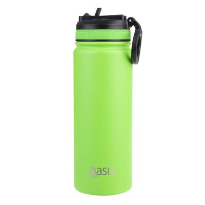 Oasis Stainless Steel Double Wall Insulated Challenger Sports Bottle with Sipper Straw (550ml) Neon Green