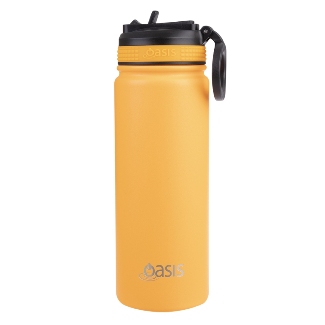 Oasis Stainless Steel Double Wall Insulated Challenger Sports Bottle with Sipper Straw (550ml) Neon Orange
