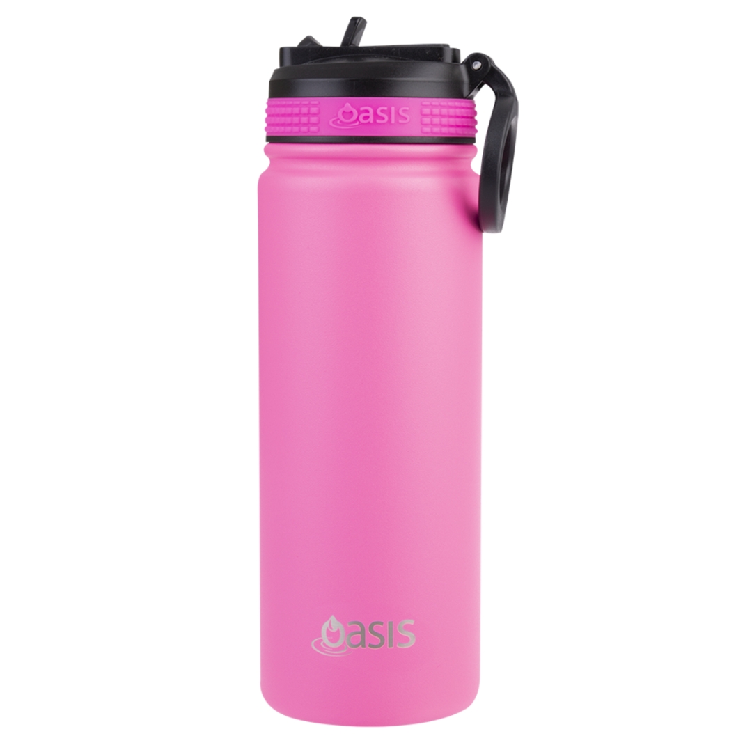 Oasis Stainless Steel Double Wall Insulated Challenger Sports Bottle with Sipper Straw (550ml) Neon Pink