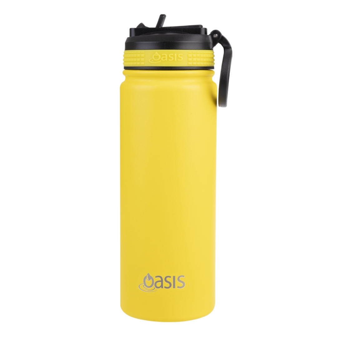 Oasis Stainless Steel Double Wall Insulated Challenger Sports Bottle with Sipper Straw (550ml) Neon Yellow