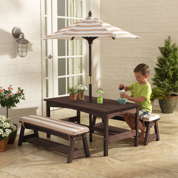 Kidkraft Outdoor Table, Bench Set with Cushions & Umbrella