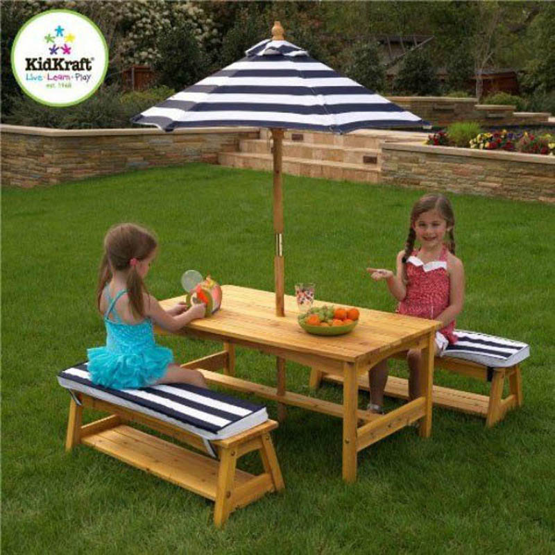 Kidkraft Outdoor Table, Bench Set with Cushions & Umbrella
