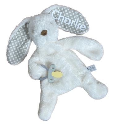 Personalised Bunny Comforter with Dummy Holder Cream and Grey