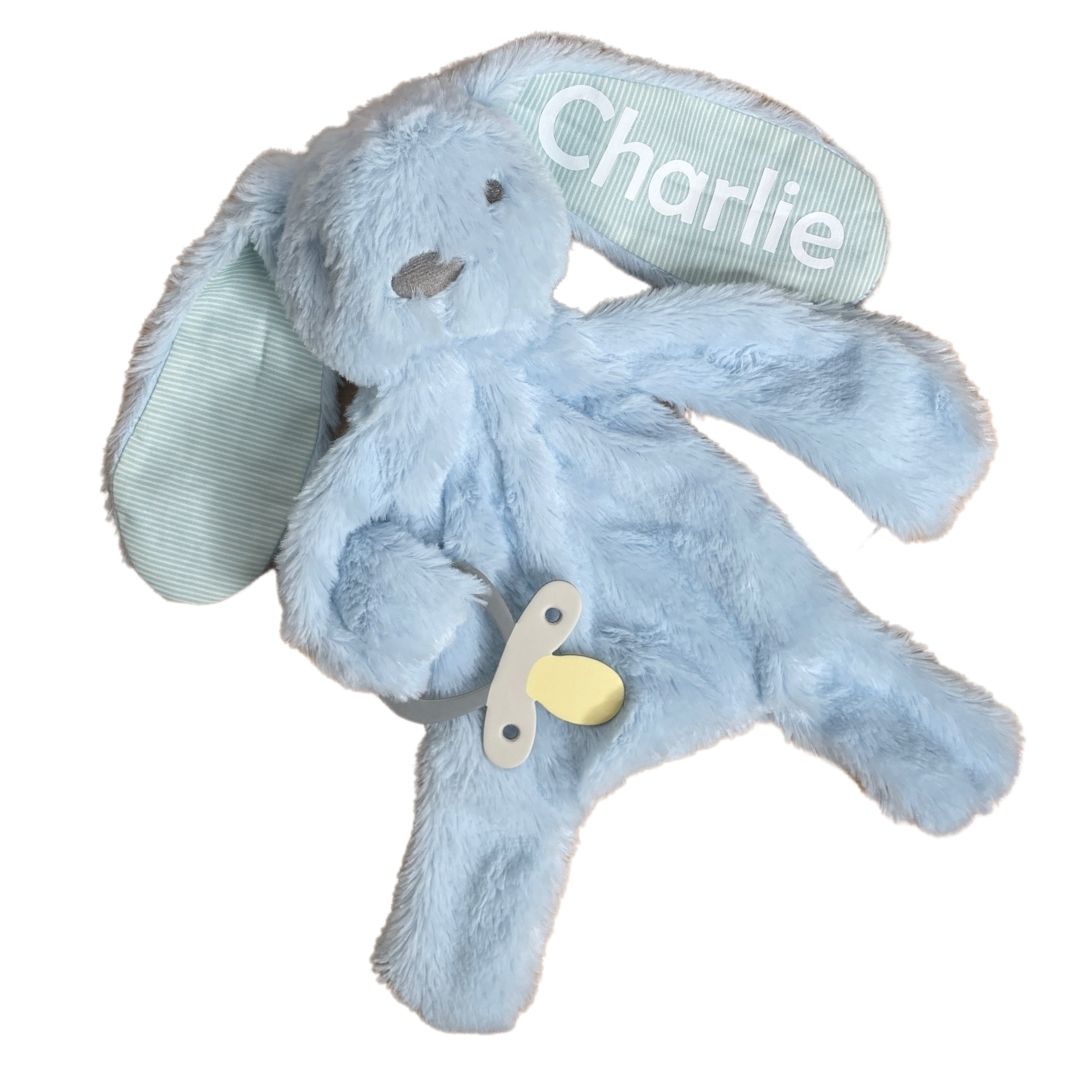 Personalised Fluffy Bunny Dummy Holder Blue Stripe