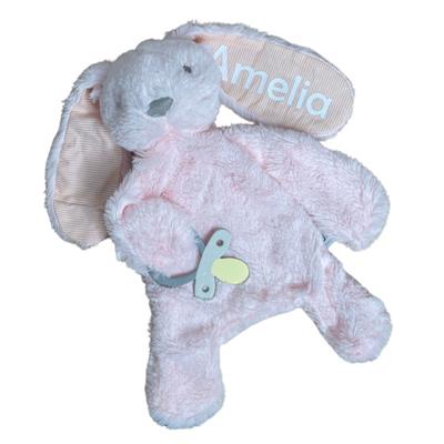 Personalised Fluffy Bunny Dummy Holder Light Pink Stripe