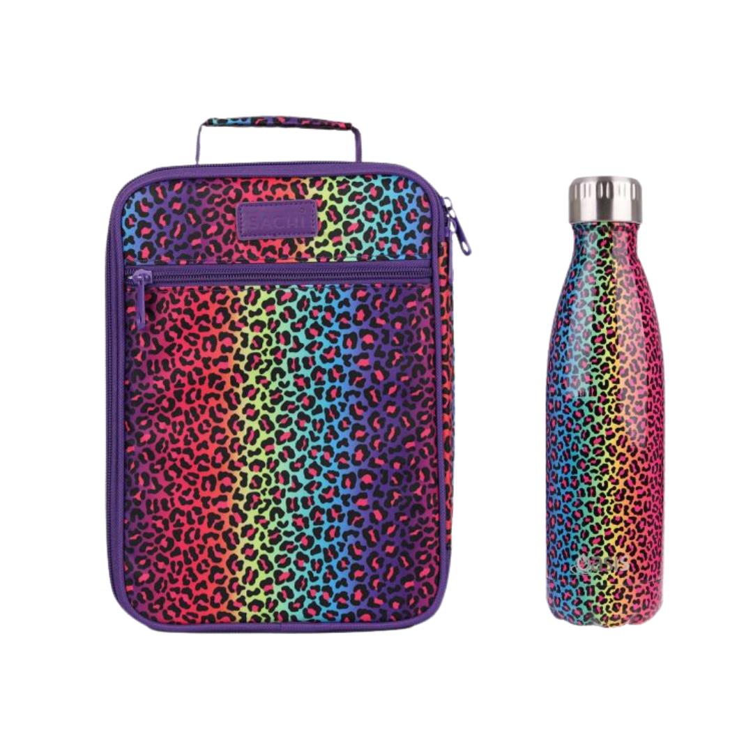 Sachi Rainbow Leopard Bag and Bottle Combo - Kids Lunch Bag and Kids Drink Bottle