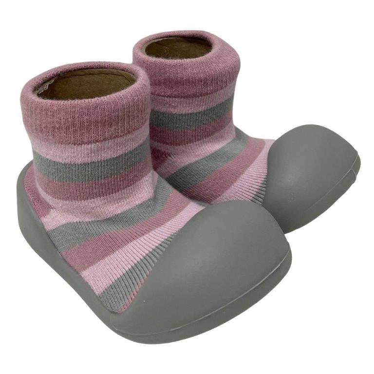Rubber Soled socks Pink/Grey Stripe