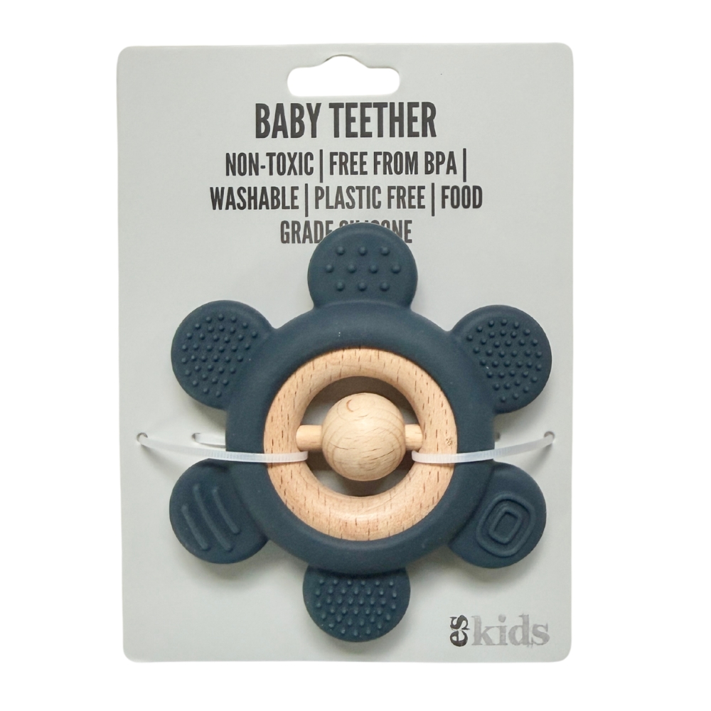 Teether Silicone Flower Rattle - Navy